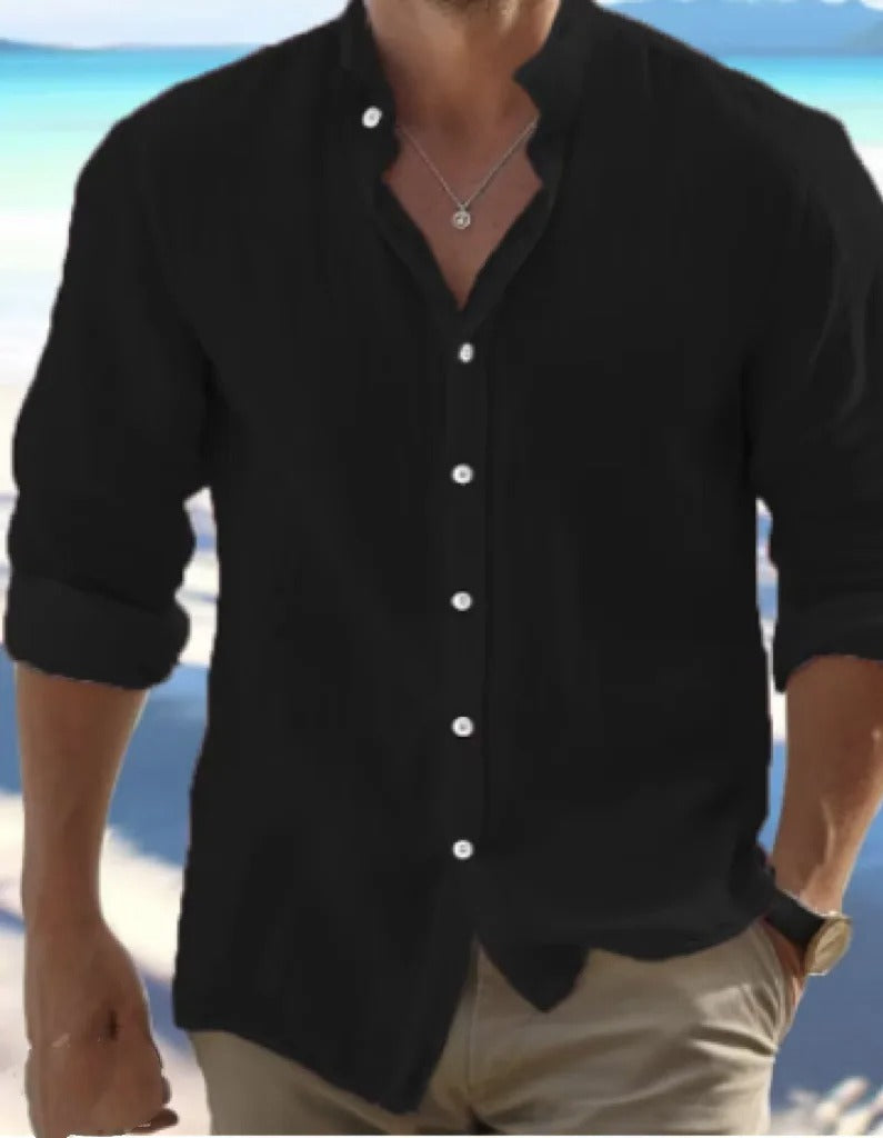 Men's Solid Stand Collar Shirt | Button Front Long Sleeves Casual Wear-Men Shirt-Homefinn