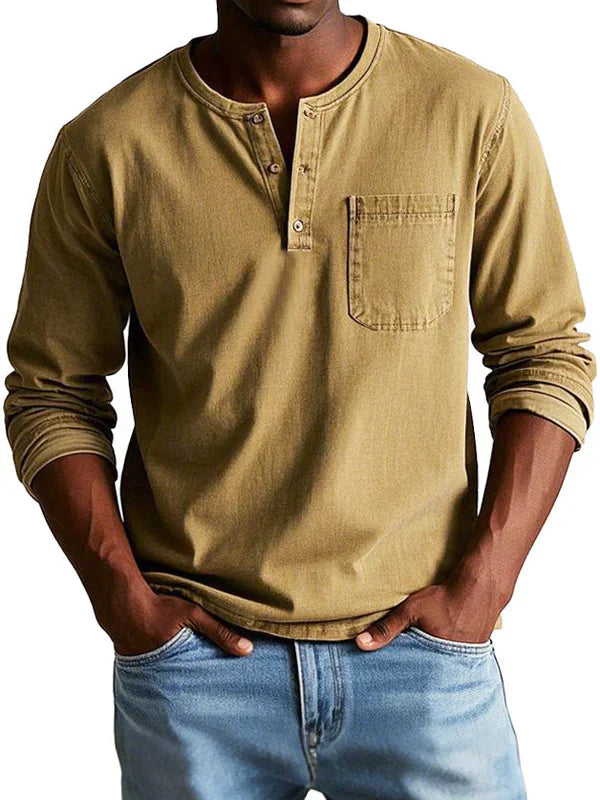 Men's Solid Henley T Shirt | Chest Pocket Button Placket Casual Wear-Men Shirt-Homefinn