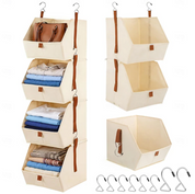 Hanging Open Front Storage Organiser | Multi Tier Baskets Hooks Wardrobe Storage