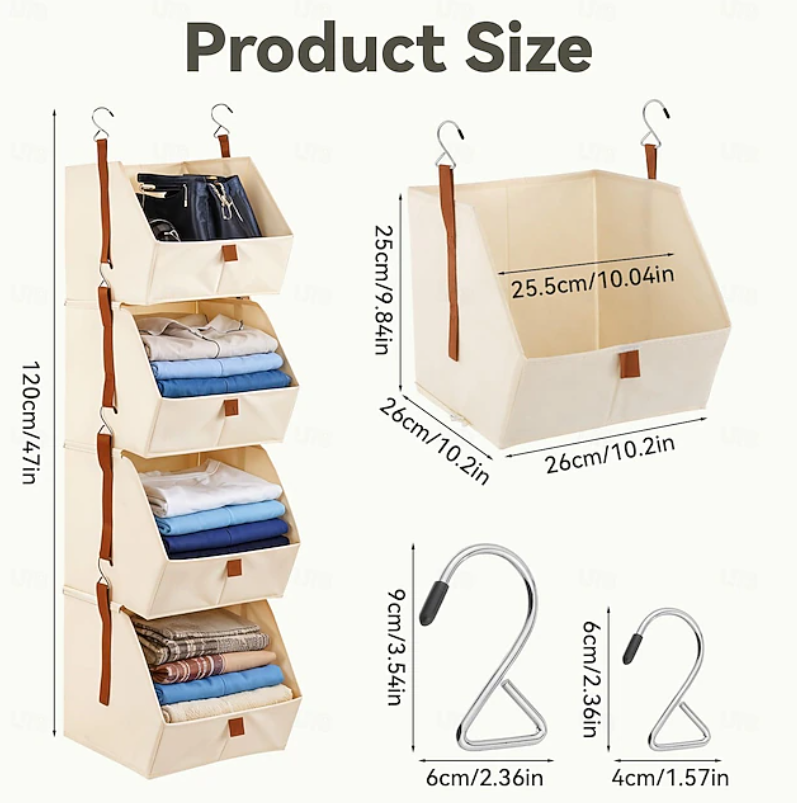 Hanging Open Front Storage Organiser | Multi Tier Baskets Hooks Wardrobe Storage