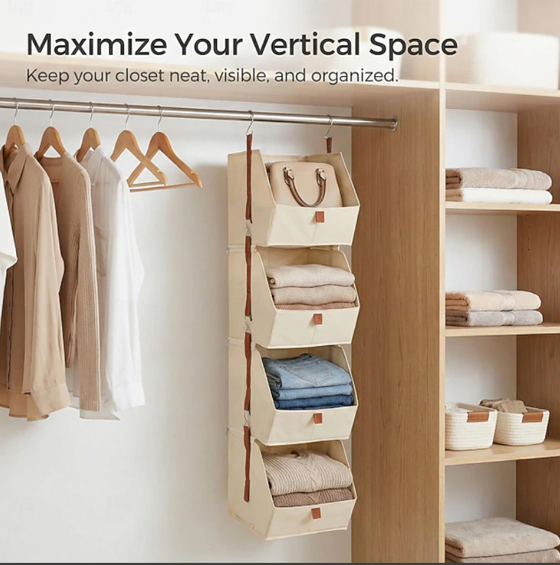 Hanging Open Front Storage Organiser | Multi Tier Baskets Hooks Wardrobe Storage