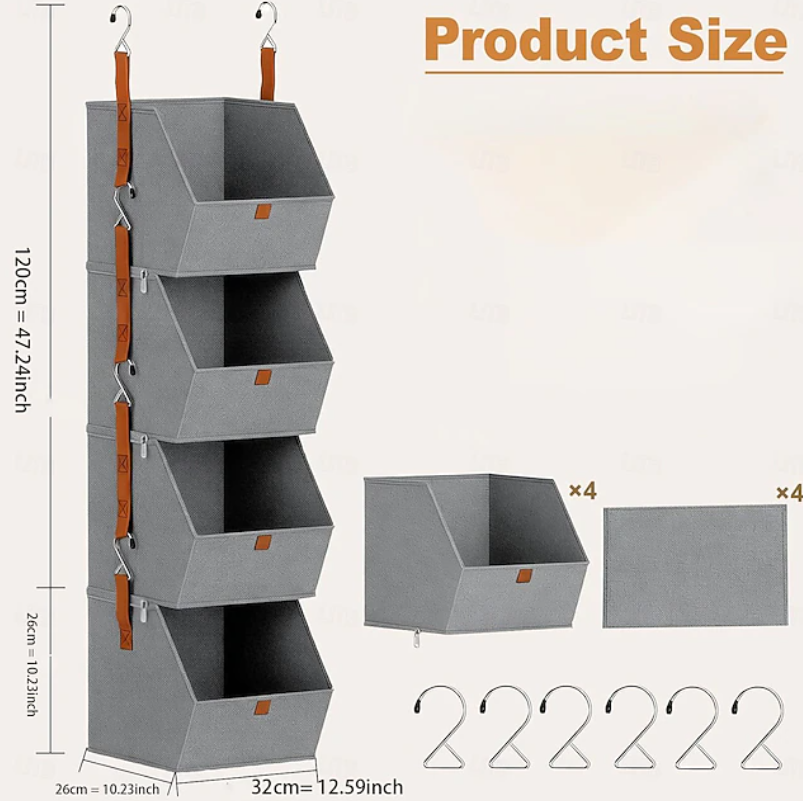 Hanging Open Front Storage Organiser | Multi Tier Baskets Hooks Wardrobe Storage