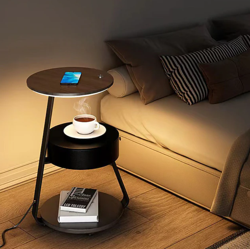 LED Floor Lamp Side Table | Round Top Shelf Bedside Lighting