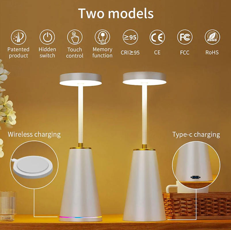 Cordless LED Table Lamp | Circular Light Head Tapered Base Tabletop Lighting