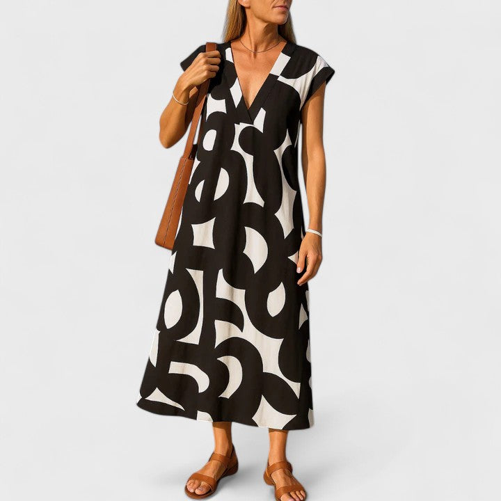 Women Abstract Print Maxi Dress | V Neck Short Sleeve Holiday Wear-Women Dress-Homefinn
