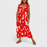 Women Abstract Print Maxi Dress | V Neck Short Sleeve Holiday Wear