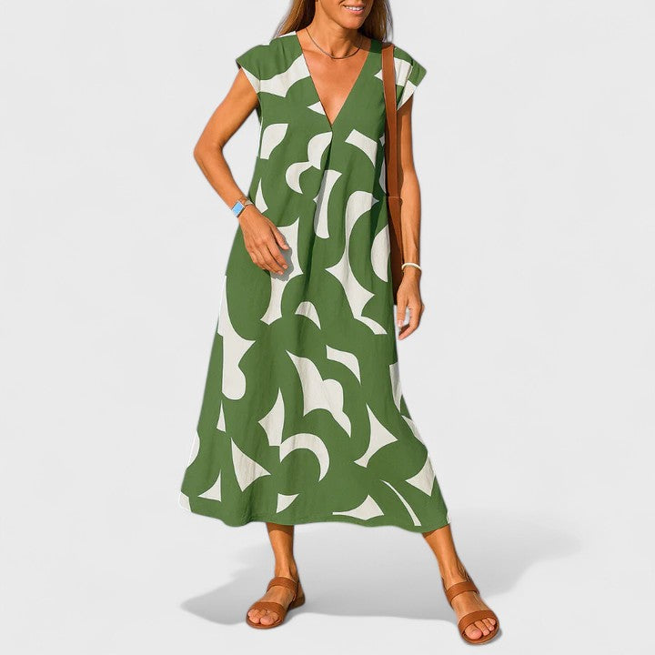 Women Abstract Print Maxi Dress | V Neck Short Sleeve Holiday Wear-Women Dress-Homefinn
