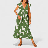 Women Abstract Print Maxi Dress | V Neck Short Sleeve Holiday Wear