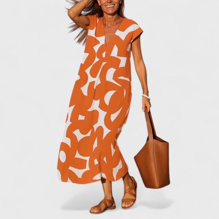 Women Abstract Print Maxi Dress | V Neck Short Sleeve Holiday Wear-Women Dress-Homefinn