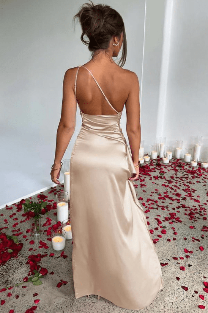 Women One Shoulder Maxi Dress | Ruched Split Occasion Wear-Women Dress-Homefinn