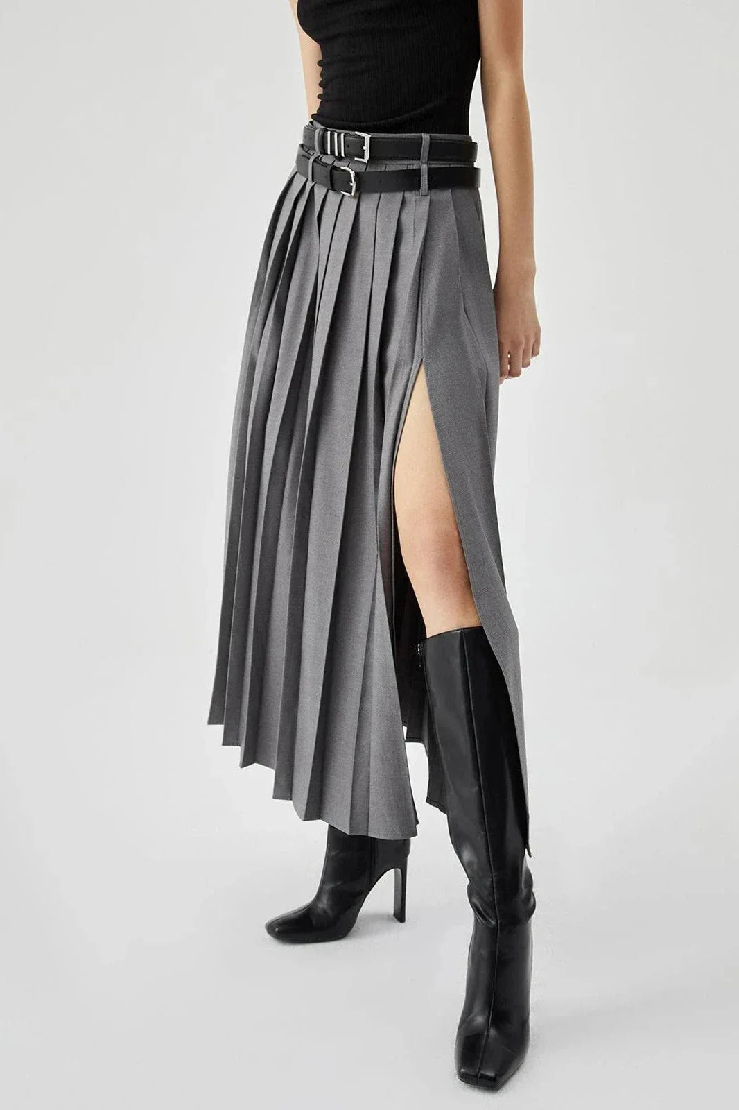 Women Pleated Midi Skirt | High Waist Side Slit Casual Wear-Women Skirt-Homefinn