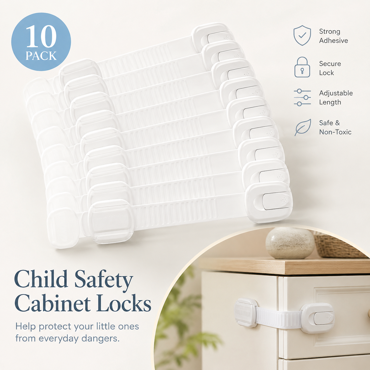 10-Pack Baby Proof Cabinet Locks with Adhesive Straps - Image 2