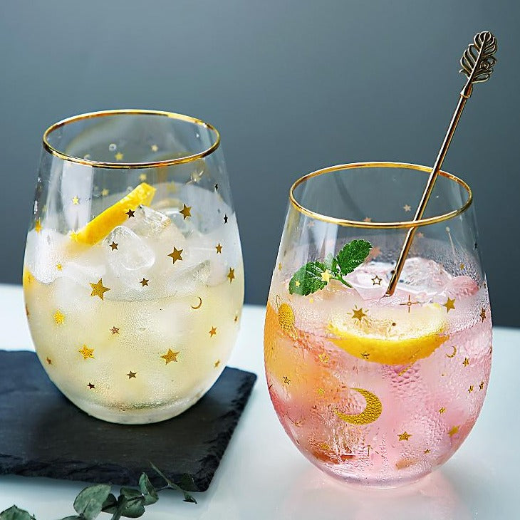 Celestial Star Glass Tumbler | Gold Rim Beverage Cup Daily Use-Glass-Homefinn
