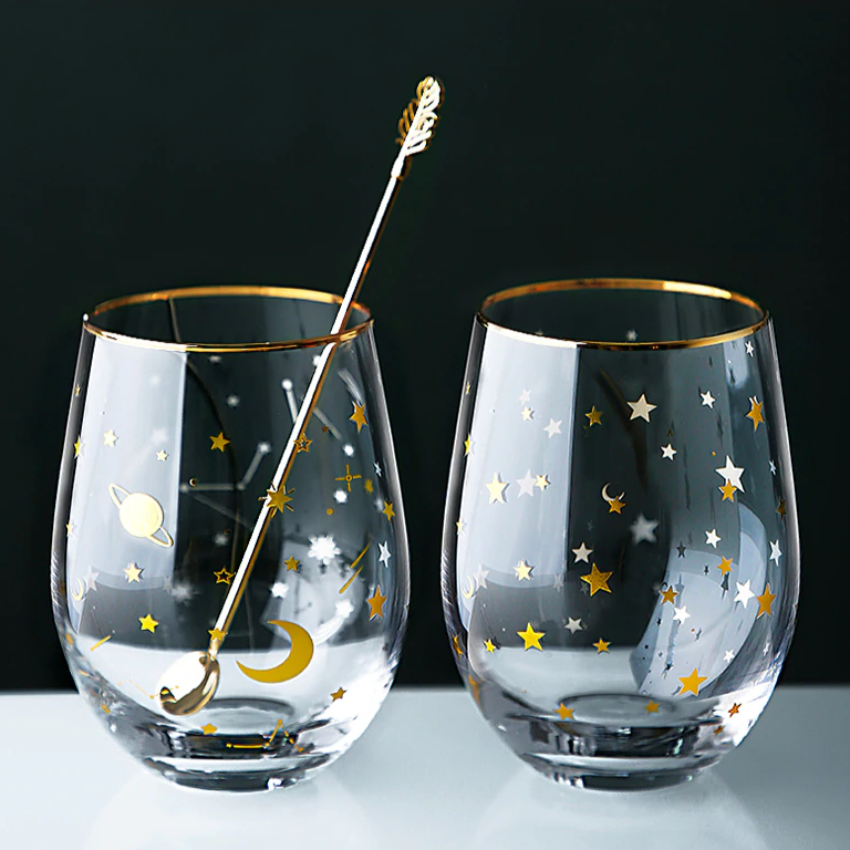 Celestial Star Glass Tumbler | Gold Rim Beverage Cup Daily Use-Glass-Homefinn