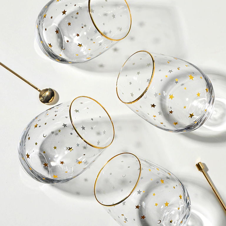 Celestial Star Glass Tumbler | Gold Rim Beverage Cup Daily Use-Glass-Homefinn