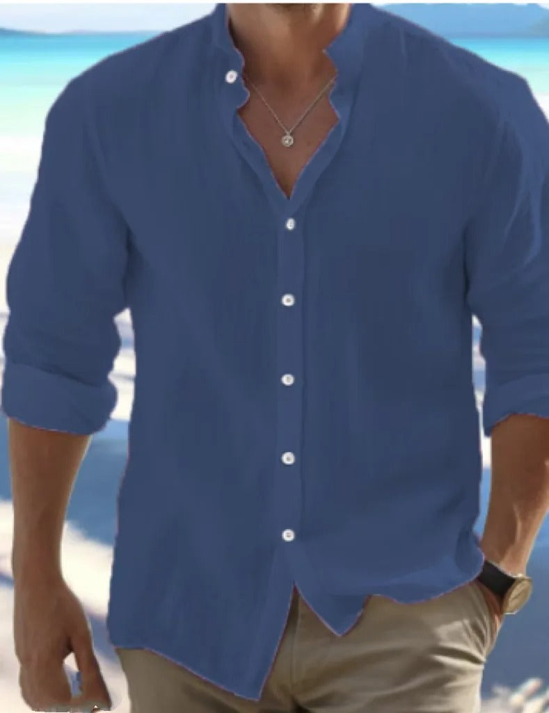Men's Solid Stand Collar Shirt | Button Front Long Sleeves Casual Wear-Men Shirt-Homefinn