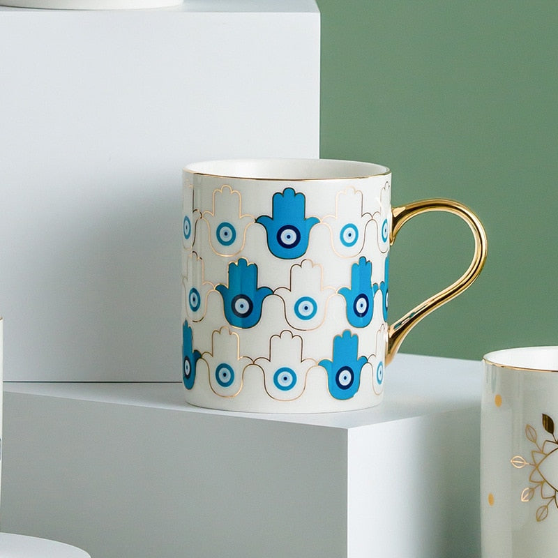 Geometric Evil Eye Mug | Gold Handle Morning Beverage Use-Mug-Homefinn