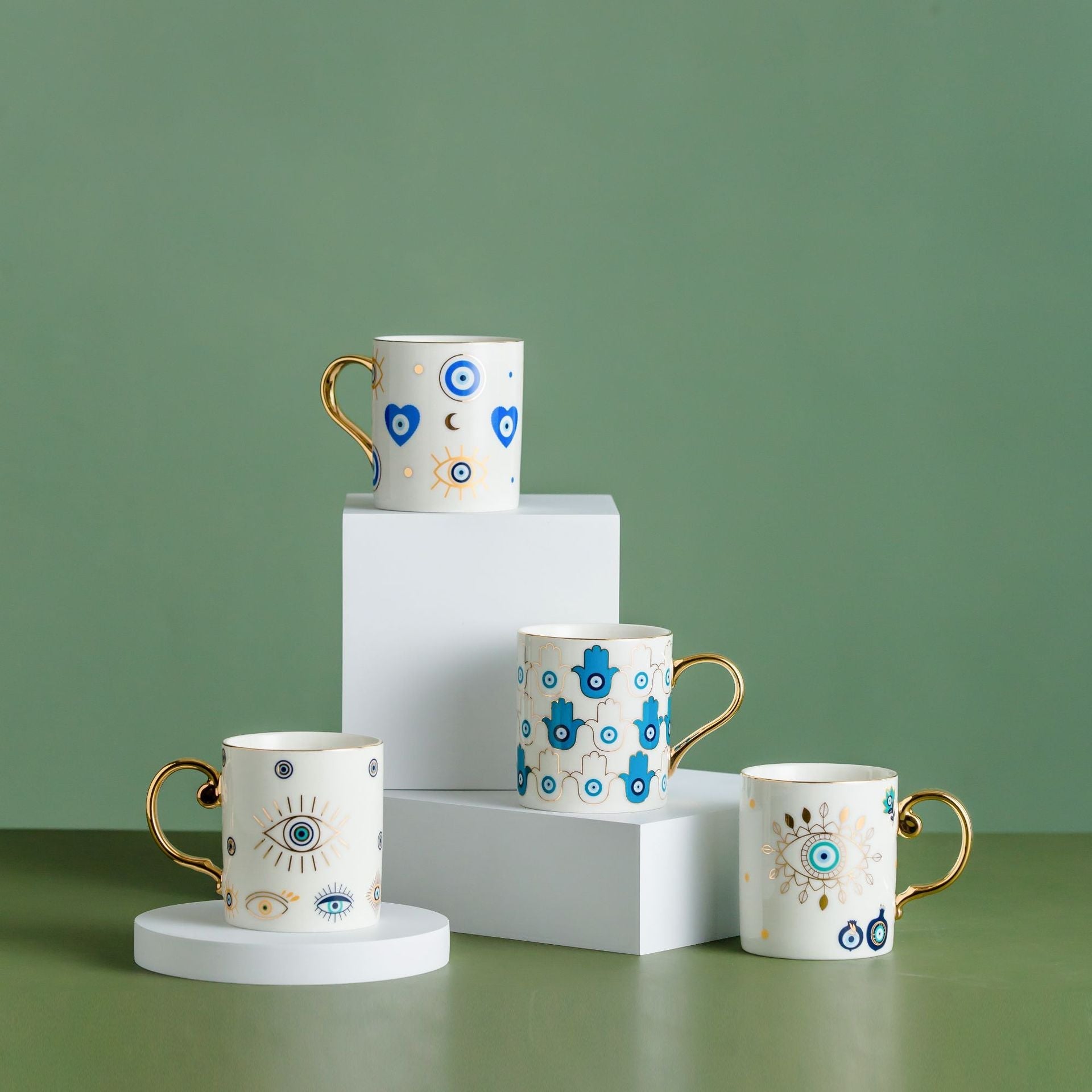 Geometric Evil Eye Mug | Gold Handle Morning Beverage Use-Mug-Homefinn