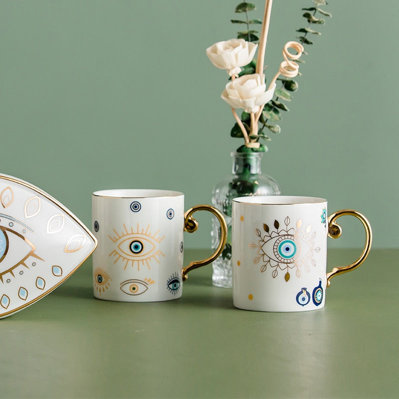 Geometric Evil Eye Mug | Gold Handle Morning Beverage Use-Mug-Homefinn