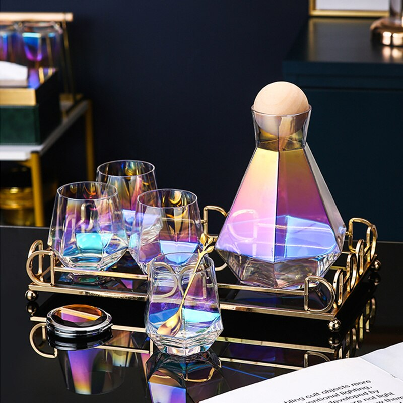 Geometric Faceted Decanter Glass Set | Matching Tumblers Dining Entertaining Use-Drinkware Set-Homefinn