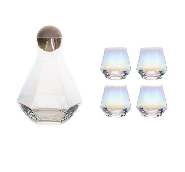 Geometric Faceted Decanter Glass Set | Matching Tumblers Dining Entertaining Use-Drinkware Set-Homefinn