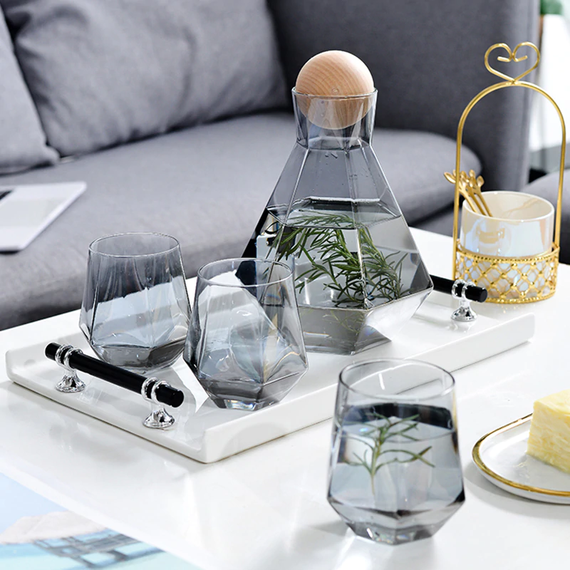 Geometric Faceted Decanter Glass Set | Matching Tumblers Dining Entertaining Use-Drinkware Set-Homefinn