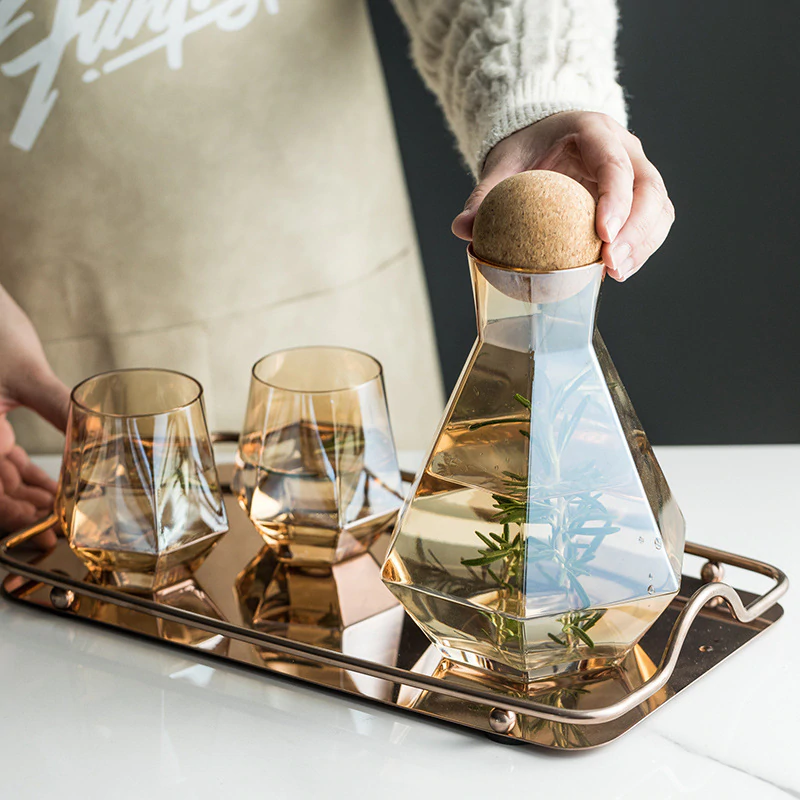 Geometric Faceted Decanter Glass Set | Matching Tumblers Dining Entertaining Use-Drinkware Set-Homefinn