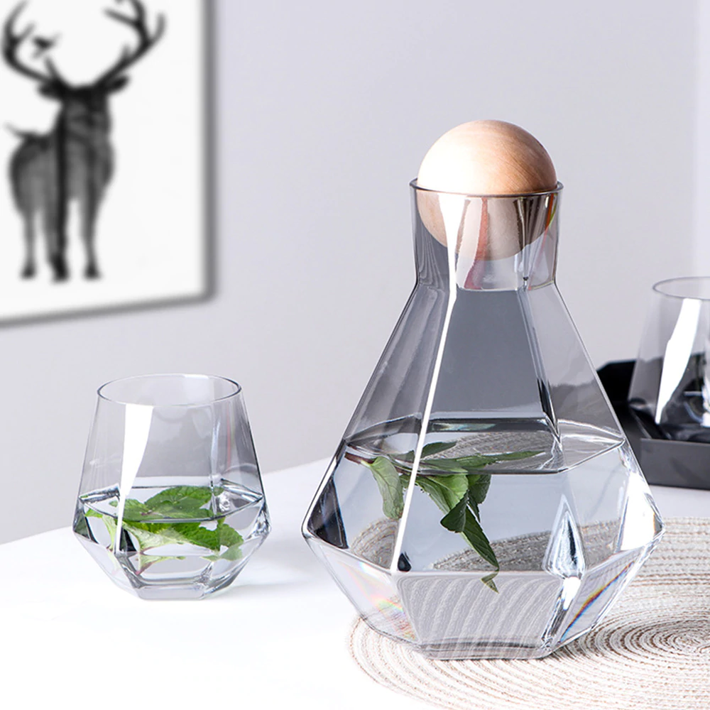 Geometric Faceted Decanter Glass Set | Matching Tumblers Dining Entertaining Use-Drinkware Set-Homefinn