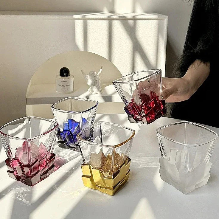 Geometric Transparent Drinking Glass | Faceted Base Textured Beverage Use-Glass-Homefinn