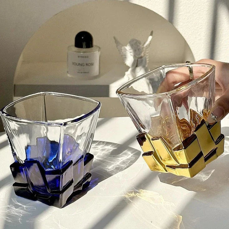 Geometric Transparent Drinking Glass | Faceted Base Textured Beverage Use-Glass-Homefinn