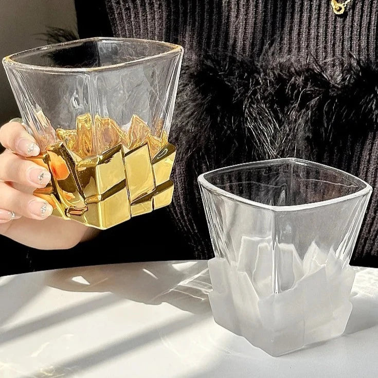 Geometric Transparent Drinking Glass | Faceted Base Textured Beverage Use-Glass-Homefinn