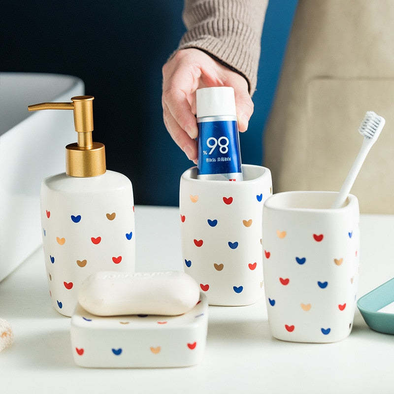 Heart Pattern Bathroom Accessory Set | Matching Dispenser Tumbler Countertop Use-Bathroom Accessory Set-Homefinn