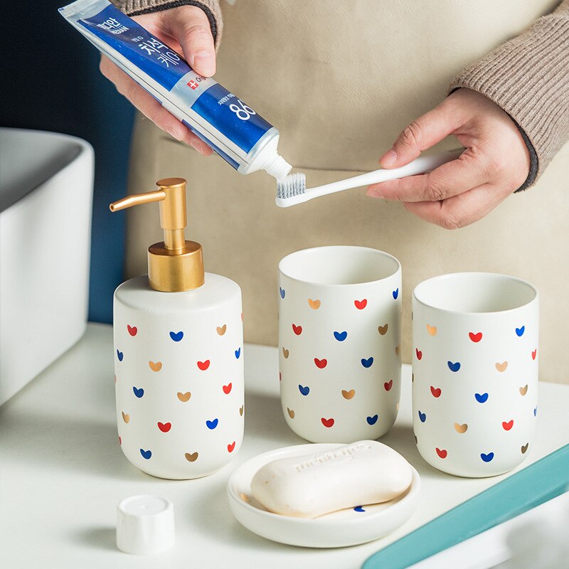 Heart Pattern Bathroom Accessory Set | Matching Dispenser Tumbler Countertop Use-Bathroom Accessory Set-Homefinn