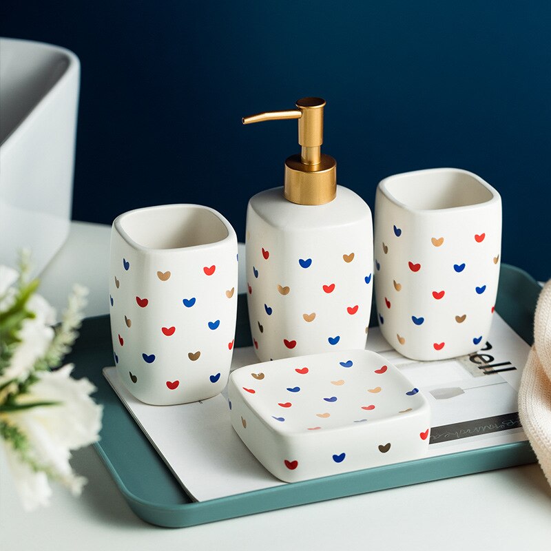 Heart Pattern Bathroom Accessory Set | Matching Dispenser Tumbler Countertop Use-Bathroom Accessory Set-Homefinn