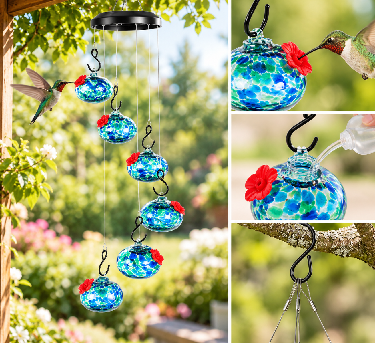 Glass Hummingbird Feeder | Hanging Wind Chime - Homefinn
