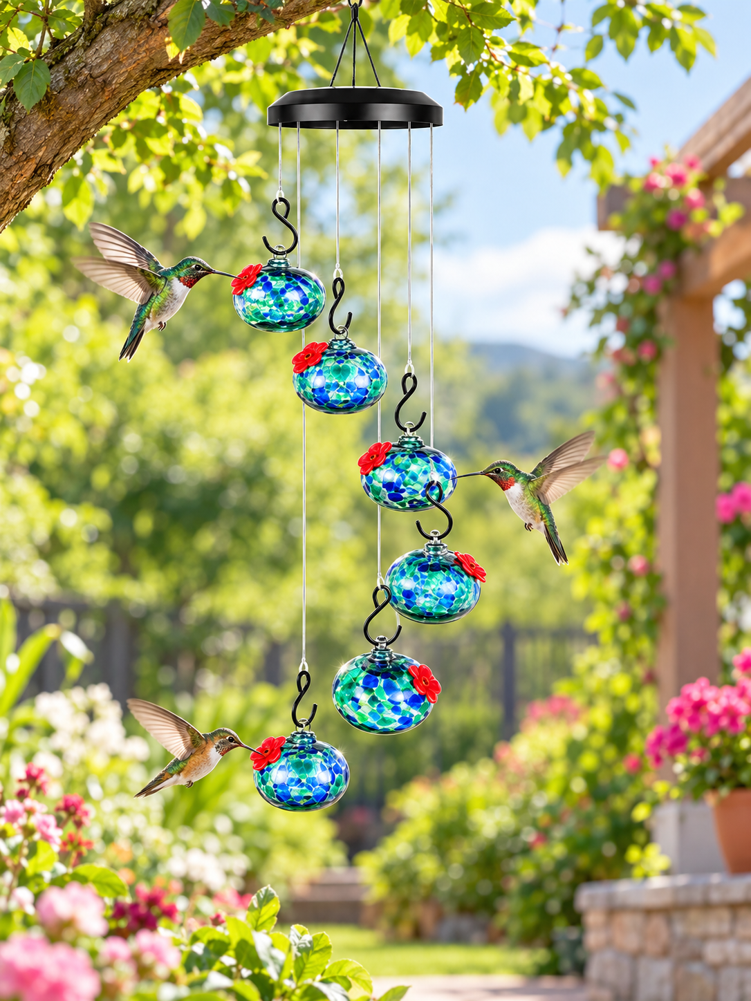 Glass Hummingbird Feeder | Hanging Wind Chime - Homefinn
