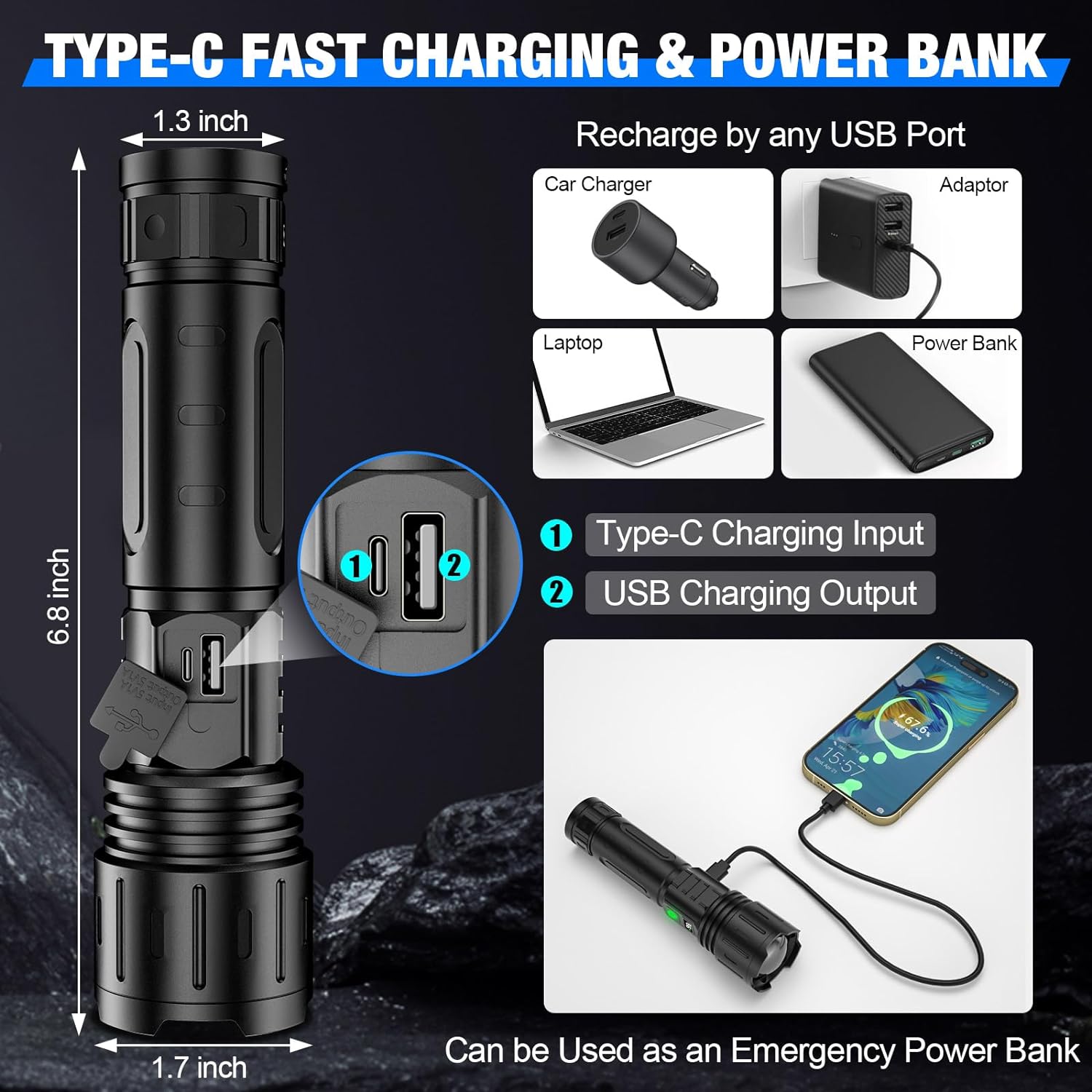 Rechargeable LED Flashlight | Battery Display · Homefinn