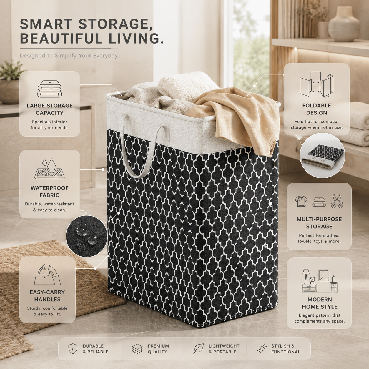 75L Waterproof Laundry Basket | Foldable Fabric Clothes Hamper with Handles - Image 3