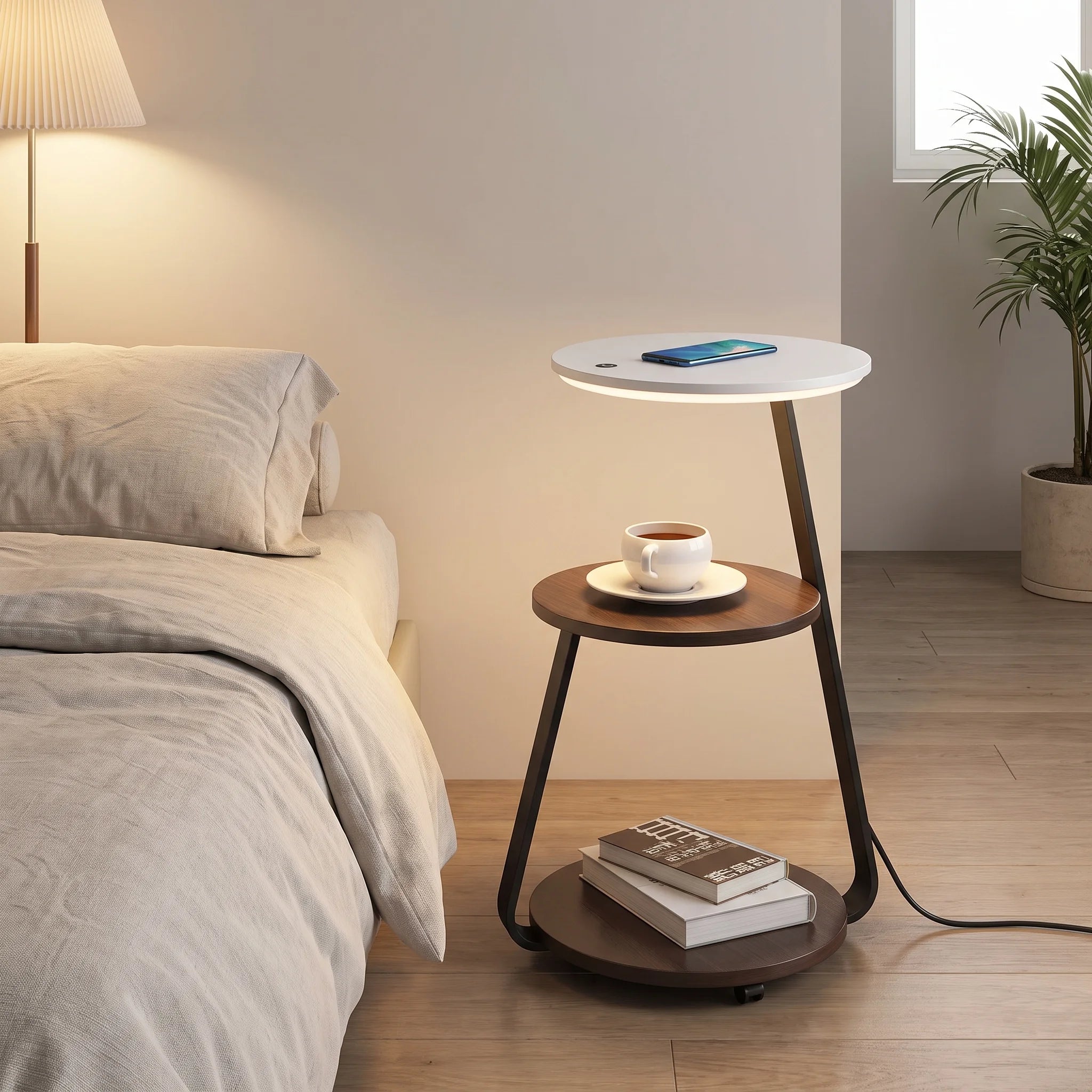 LED Floor Lamp Side Table | Round Top Shelf Bedside Lighting