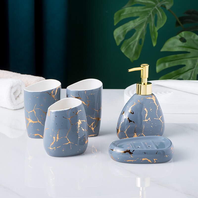 Marble Pattern Bathroom Accessory Set | Matching Dispenser Storage Countertop Use-Bathroom Accessory Set-Homefinn