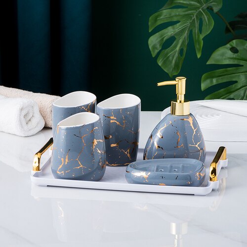 Marble Pattern Bathroom Accessory Set | Matching Dispenser Storage Countertop Use-Bathroom Accessory Set-Homefinn