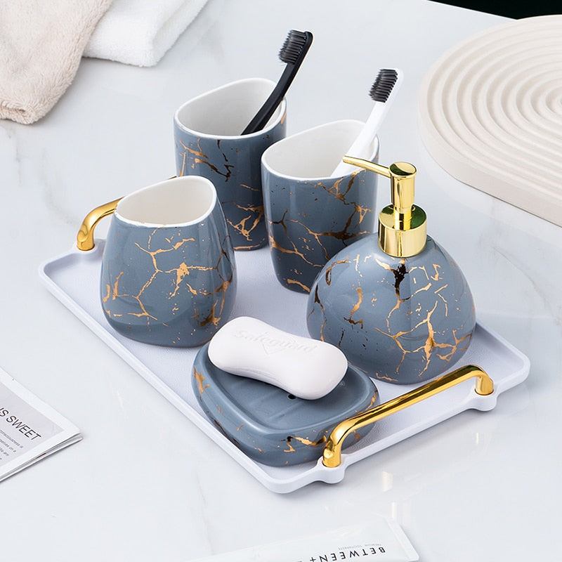 Marble Pattern Bathroom Accessory Set | Matching Dispenser Storage Countertop Use-Bathroom Accessory Set-Homefinn