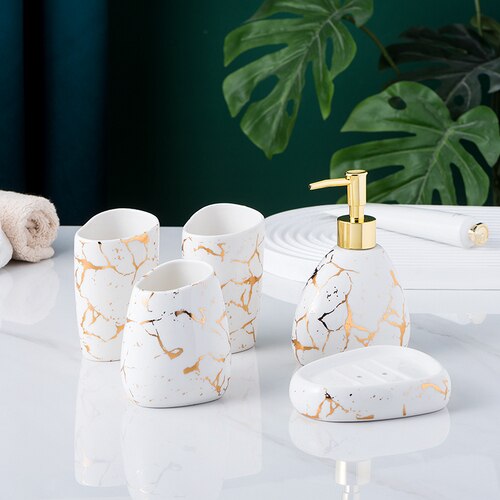 Marble Pattern Bathroom Accessory Set | Matching Dispenser Storage Countertop Use-Bathroom Accessory Set-Homefinn