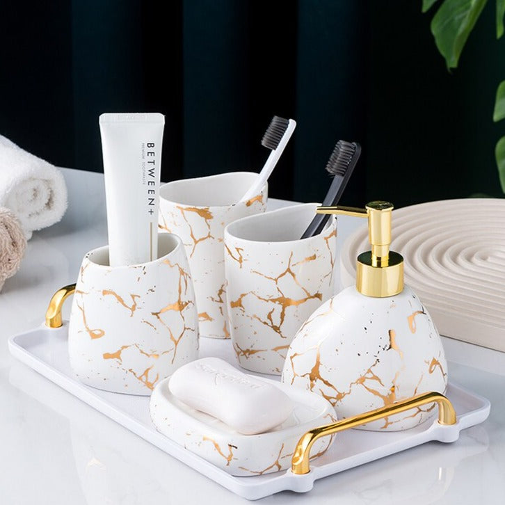 Marble Pattern Bathroom Accessory Set | Matching Dispenser Storage Countertop Use-Bathroom Accessory Set-Homefinn