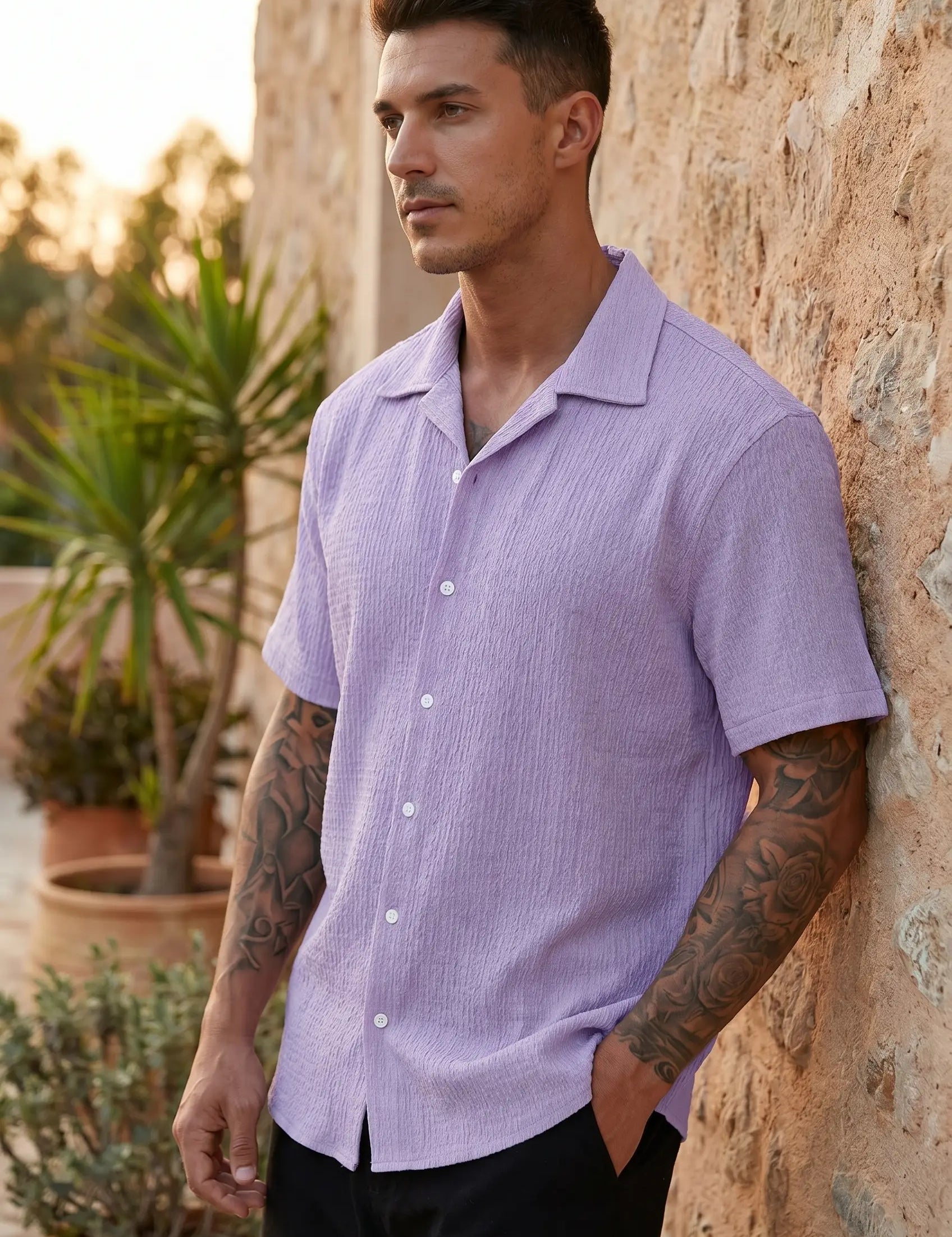 Men's Textured Shirt | Button Front Short Sleeve Casual Wear