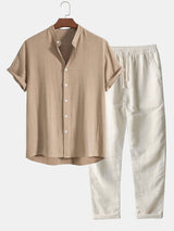 Men's Casual Plain Shirt And Trousers Set | Button Front Drawstring Holiday Wear