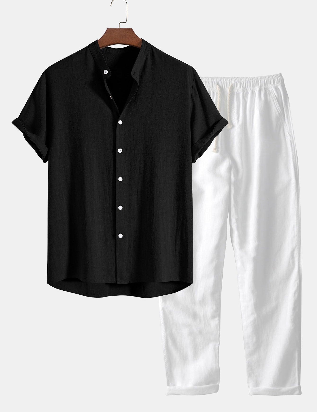 Men's Casual Plain Shirt And Trousers Set | Button Front Drawstring Holiday Wear