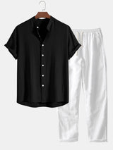Men's Casual Plain Shirt And Trousers Set | Button Front Drawstring Holiday Wear