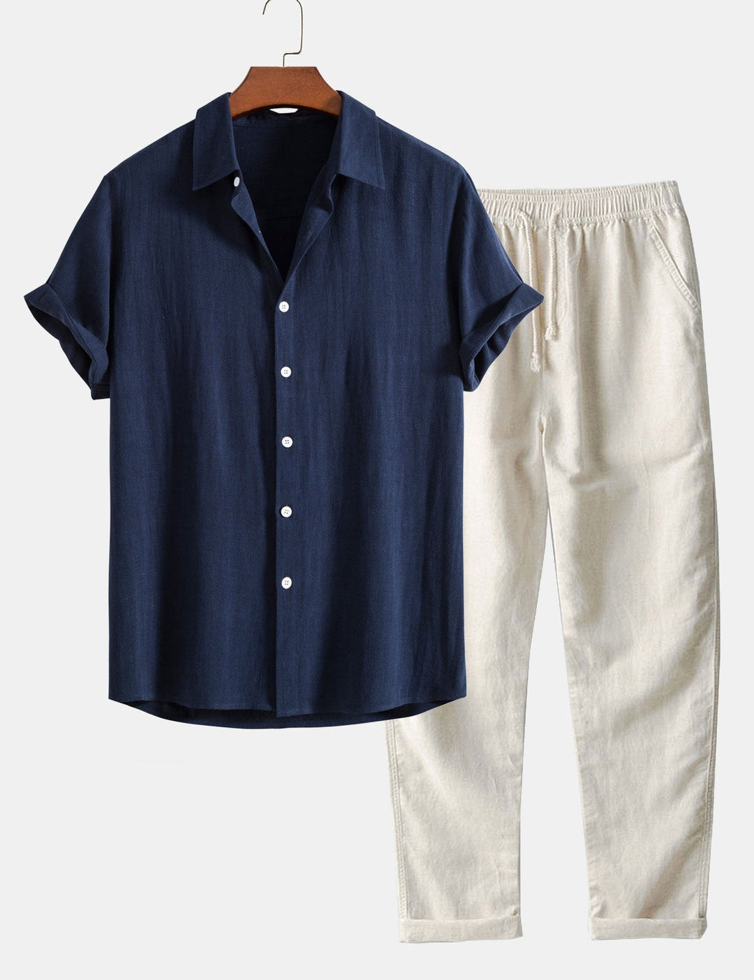 Men's Casual Plain Shirt And Trousers Set | Button Front Drawstring Holiday Wear