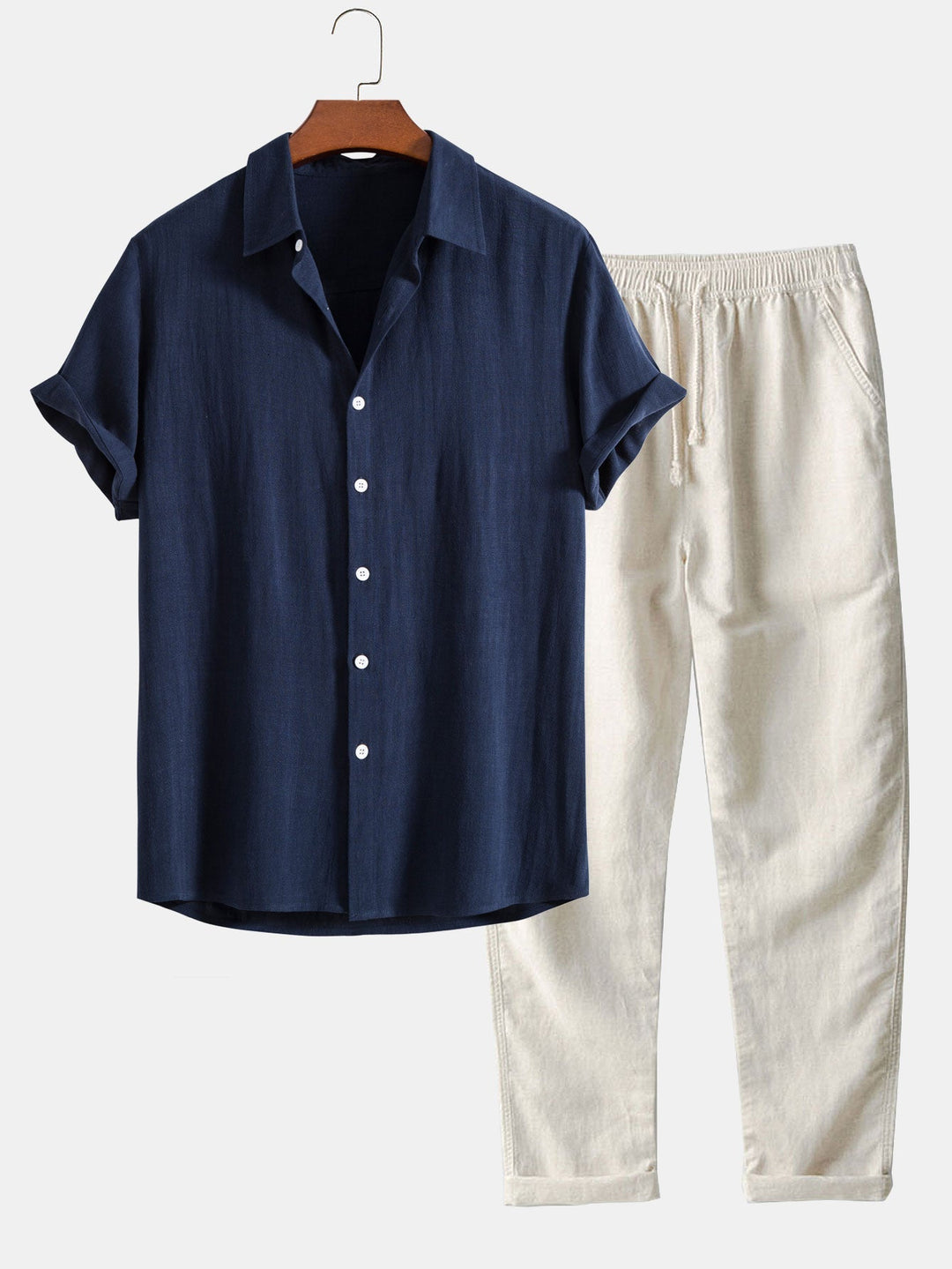 Men's Casual Plain Shirt And Trousers Set | Button Front Drawstring Holiday Wear